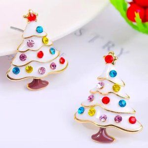 Christmas Tree Earrings Enamel Rhinestones Post Stud Winter Holiday Gift